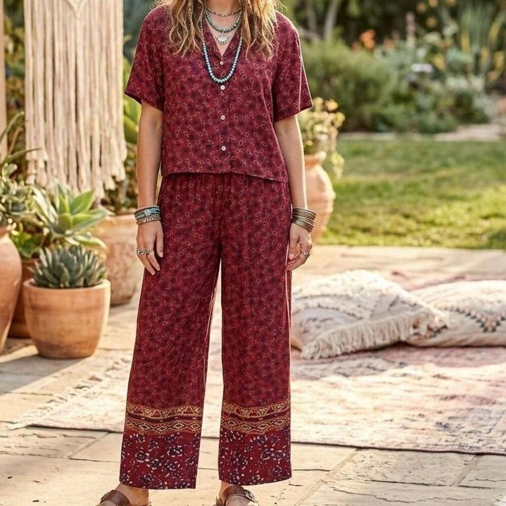90s Floral Boho Two-Piece Pants Set - Size M earthy flowy pants,short waist top